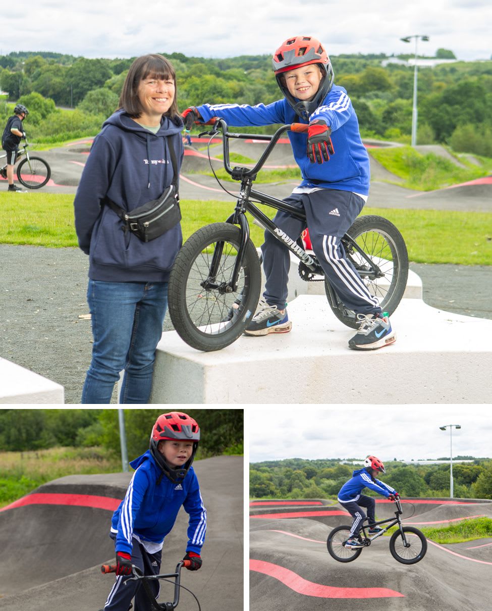 collage of images of Shona and Zac Bowie at Bellshill pump track